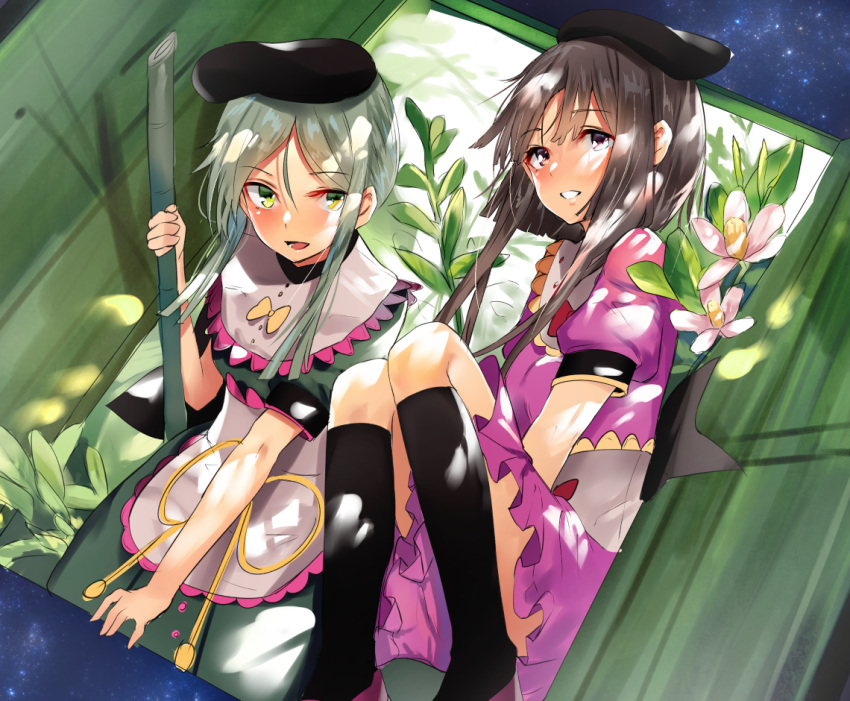 2girls :d apron asuzemu black_hat black_legwear blush bow brown_hair commentary_request door dress dutch_angle eyebrows_visible_through_hair feet_out_of_frame flower green_dress green_eyes green_hair grin hand_up hat holding kneehighs knees_up looking_at_viewer multiple_girls night nishida_satono open_mouth pink_dress pink_eyes pink_footwear puffy_short_sleeves puffy_sleeves shoes short_hair_with_long_locks short_sleeves sky smile star_(sky) starry_sky teireida_mai touhou waist_apron white_apron white_flower yellow_bow