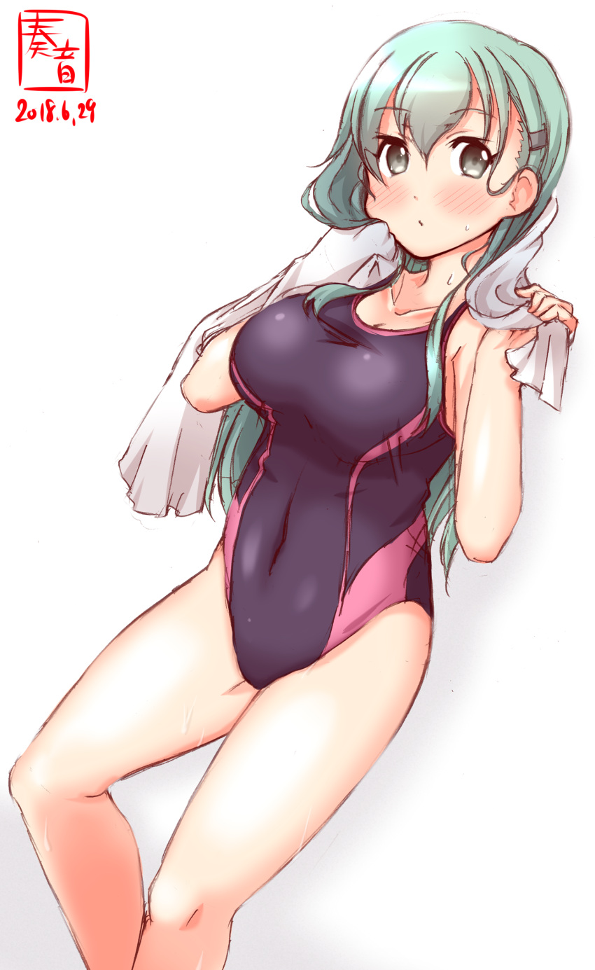 1girl absurdres against_wall aqua_eyes aqua_hair artist_logo black_swimsuit blush breasts commentary_request competition_swimsuit cowboy_shot dated hair_ornament hairclip highres kanon_(kurogane_knights) kantai_collection long_hair looking_at_viewer medium_breasts one-piece_swimsuit simple_background solo suzuya_(kantai_collection) swimsuit towel white_background white_towel