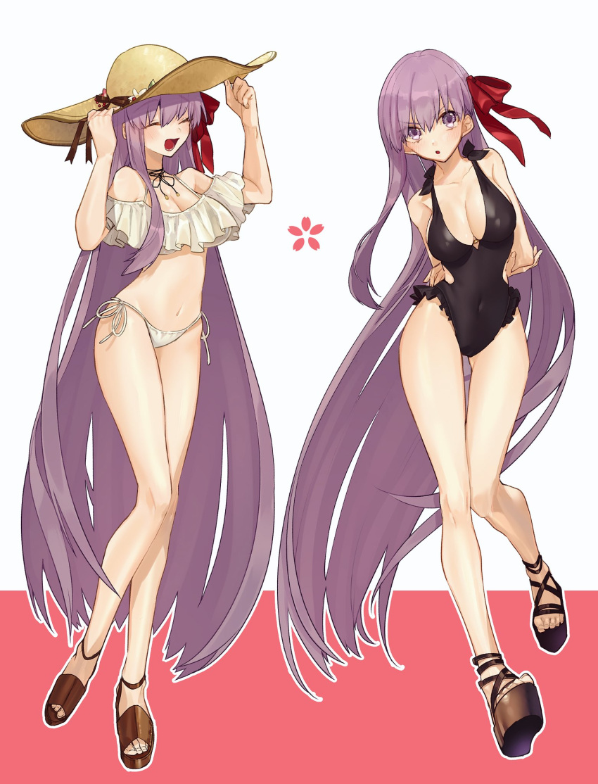 2girls arms_behind_back bare_legs bare_shoulders bb_(fate/extra_ccc) bikini black_swimsuit bow breasts choker cleavage clog_sandals closed_eyes collarbone dual_persona eyebrows_visible_through_hair fate/extra fate/extra_ccc fate_(series) feet hair_bow hat highres hino_hinako large_breasts lavender_eyes lavender_hair legs long_hair matou_sakura multiple_girls one-piece_swimsuit open_mouth ribbon ribbon_choker sandals side-tie_bikini simple_background smile sun_hat swimsuit very_long_hair white_bikini