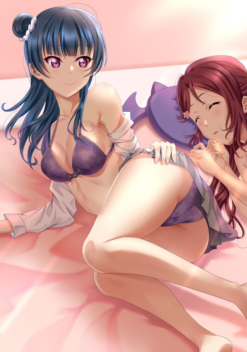 2girls absurdres bangs barefoot bed_sheet blue_hair blunt_bangs bra breasts cleavage dress_shirt floating_hair grey_skirt hair_bun hair_ornament hair_scrunchie highres indoors long_hair love_live! love_live!_sunshine!! lying medium_breasts miniskirt multiple_girls on_side open_clothes open_shirt panties pleated_skirt purple_bra purple_panties sakurauchi_riko scrunchie shirt sideboob skirt sleeping smile tsushima_yoshiko underwear violet_eyes white_scrunchie white_shirt yohane_yoshiko