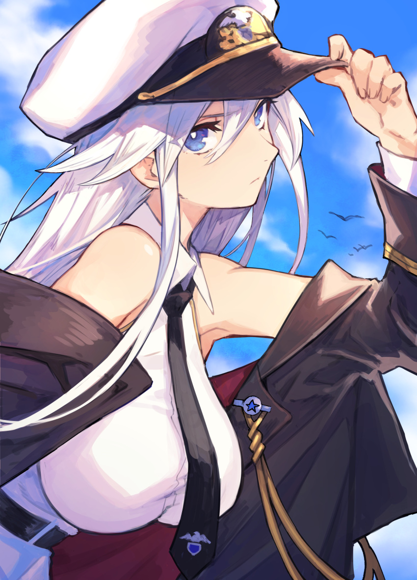1girl absurdres adjusting_clothes adjusting_hat azur_lane bare_shoulders belt bird blue_eyes breasts clouds cloudy_sky collared_shirt enterprise_(azur_lane) expressionless eyes_visible_through_hair hair_between_eyes hat highres jacket large_breasts long_hair looking_at_viewer mephist-pheles military_hat necktie off_shoulder shirt silver_hair sky sleeveless sleeveless_shirt solo upper_body