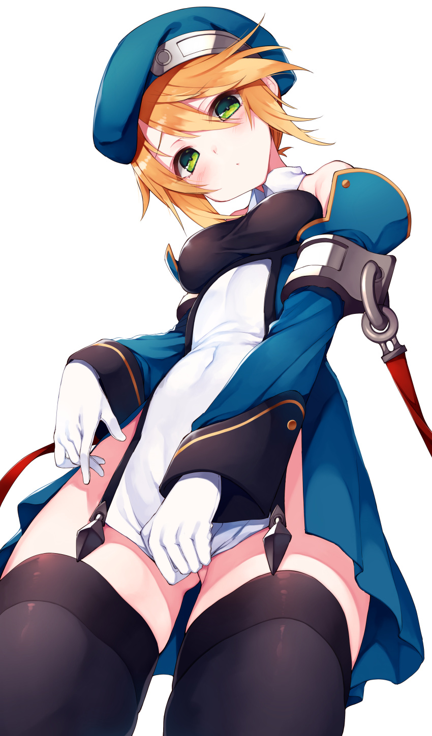 1girl absurdres beret black_legwear blazblue blonde_hair blush breasts covered_navel covering covering_crotch detached_sleeves dress from_below gloves green_eyes hair_ornament hat highres himegi_you long_hair looking_at_viewer looking_down noel_vermillion simple_background small_breasts solo thigh-highs white_background white_gloves
