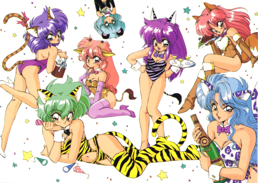 6+girls animal_costume animal_ears animal_print blue_eyes boots bottle breasts brown_eyes brown_footwear cat_ears cleavage confetti cup detached_collar drinking_glass elbow_gloves fox_costume fox_ears fur_trim garter_straps giraffe_ears giraffe_print gloves green_hair hand_on_hip high_heels highres holding holding_bottle holding_tray light_blue_hair looking_at_viewer medium_breasts multiple_girls navel open_mouth panda_ears party_popper pink_eyes pink_gloves pink_hair pumps purple_hair red_eyes ribbon ruuen_rouga simple_background smile star tail tail_ribbon thigh-highs thigh_boots tiger_ears tiger_print tiger_tail tray upside-down white_background white_footwear wrist_cuffs zebra_ears zebra_print zebra_tail
