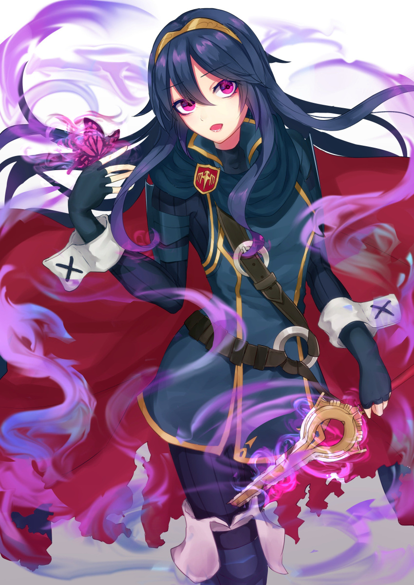 1girl absurdres armor artist_request blue_eyes blue_hair blush bug butterfly cape dark_persona evil_smile falchion_(fire_emblem) fingerless_gloves fire_emblem fire_emblem:_kakusei fire_emblem_heroes gimurei gloves highres insect long_hair looking_at_viewer lucina red_eyes simple_background smile solo sword tiara weapon