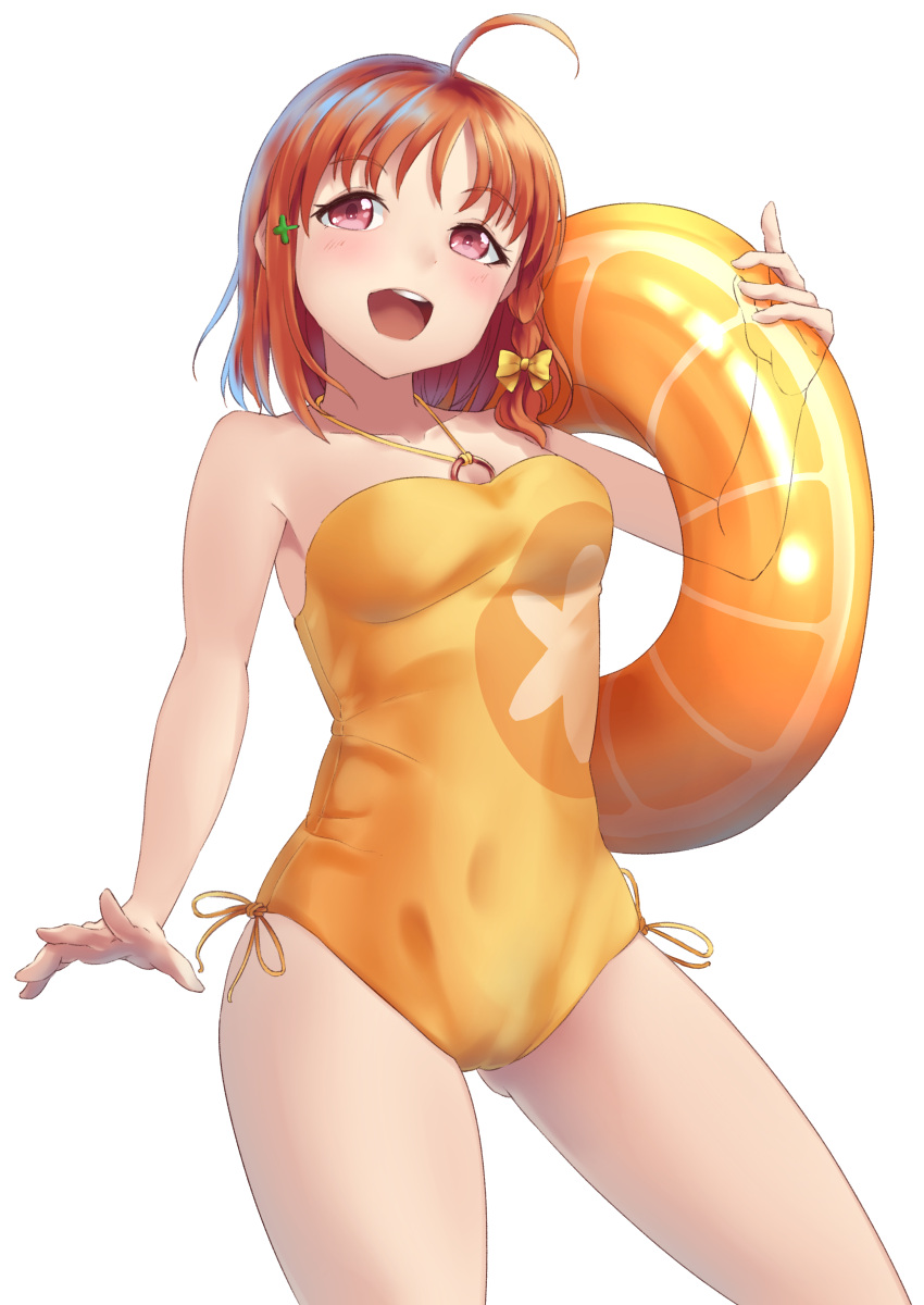 1girl absurdres ahoge bare_shoulders blush braid breasts casual_one-piece_swimsuit clover_hair_ornament cowboy_shot hair_ornament highres innertube love_live! love_live!_sunshine!! medium_breasts one-piece_swimsuit open_mouth orange_hair orange_swimsuit qwyte red_eyes ribbon round_teeth see-through short_hair side_braid simple_background smile solo swimsuit takami_chika teeth upper_teeth white_background yellow_ribbon