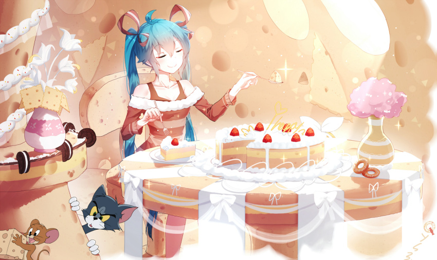 1girl ahoge aqua_hair bai_yemeng cake cat cheese closed_eyes flower food fork fruit hair_ribbon hatsune_miku highres jerry_(tom_and_jerry) long_hair mouse ribbon sitting smile spoon strawberry tom tom_and_jerry twintails vase very_long_hair vocaloid