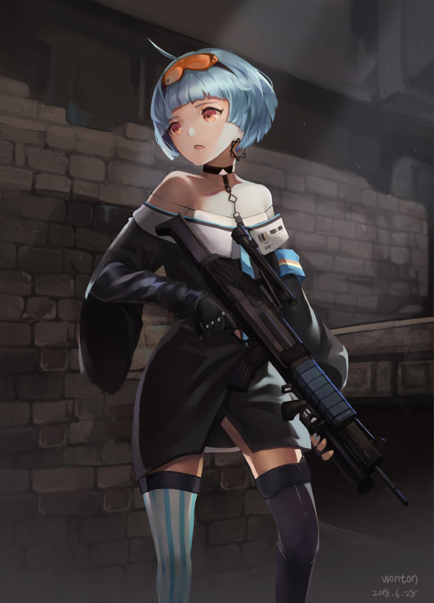 1girl ahoge armband artist_name bangs black_gloves black_legwear blue_hair blue_nails blunt_bangs brick_wall choker dated dress earrings eyebrows eyewear_on_head fingerless_gloves girls_frontline gloves gun highres holding holding_gun holding_weapon indoors jewelry looking_away looking_to_the_side mismatched_legwear nail_polish no_lineart open_mouth orange_nails red_eyes scope short_hair solo strapless strapless_dress striped striped_legwear sunglasses thick_eyebrows thigh-highs thigh_strap trigger_discipline weapon wonton_(642366769) zas_m21_(girls_frontline)