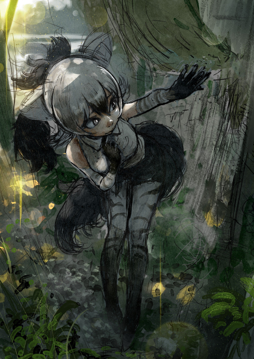 1girl aardwolf_(kemono_friends) aardwolf_ears aardwolf_tail absurdres animal_ears bangs bare_shoulders black_hair closed_mouth collared_shirt elbow_gloves gloves hair_between_eyes hand_on_own_chest highres kemono_friends long_hair nature outdoors pantyhose plant ponytail shirt sleeveless sleeveless_shirt solo standing tail takami_masahiro white_eyes white_hair white_shirt