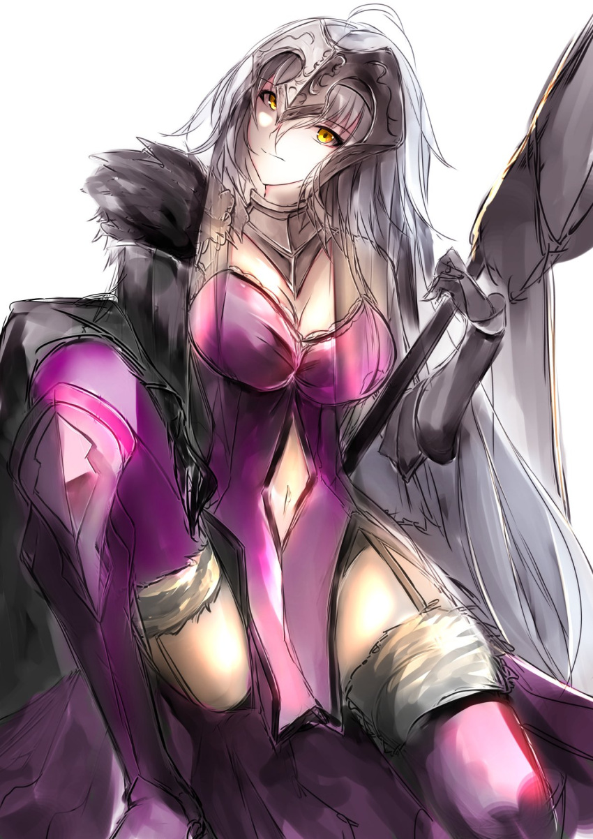 1girl ahoge armor armored_collar black_cape breasts cape cleavage closed_mouth commentary dress eyebrows_visible_through_hair fate/grand_order fate_(series) feather_trim flag fur_trim garter_straps gauntlets head_tilt headpiece highres jacket_on_shoulders jeanne_d'arc_(alter)_(fate) jeanne_d'arc_(fate)_(all) large_breasts leg_armor leg_up navel navel_cutout otsunabe_(naabe_delta) purple_dress silver_hair sitting thigh-highs thighs yellow_eyes