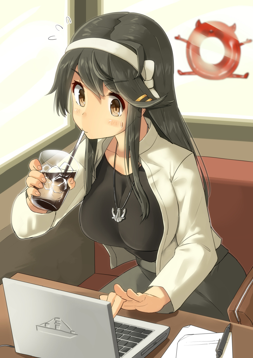 1girl absurdres anchor_necklace bag black_hair black_shirt blush booth breasts brown_eyes collarbone commentary_request computer day drinking drinking_straw enemy_lifebuoy_(kantai_collection) eyebrows_visible_through_hair flying_sweatdrops grey_skirt hair_between_eyes hairband handbag haruna_(kantai_collection) highres ice ice_cube indoors jacket kantai_collection laptop long_hair long_sleeves looking_down medium_breasts open_clothes open_jacket paper pen shinkaisei-kan shirt sidelocks sitting skirt solo soushou_nin table thick_eyebrows very_long_hair white_hairband white_jacket window