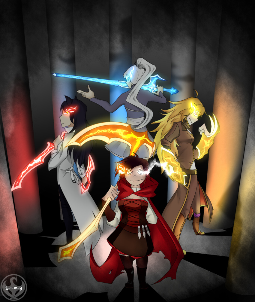 4girls animal_ears aura black_hair blake_belladonna blonde_hair blue_eyes breasts cape cat_ears cat_girl cloak commentary english_commentary glowing glowing_eyes grey_eyes highres holding holding_weapon hood hooded_cloak lightning-in-my-hand long_hair multicolored_hair multiple_girls red_cape redhead ruby_rose rwby scar scar_across_eye scythe short_hair two-tone_hair violet_eyes weapon weiss_schnee white_hair yang_xiao_long yellow_eyes