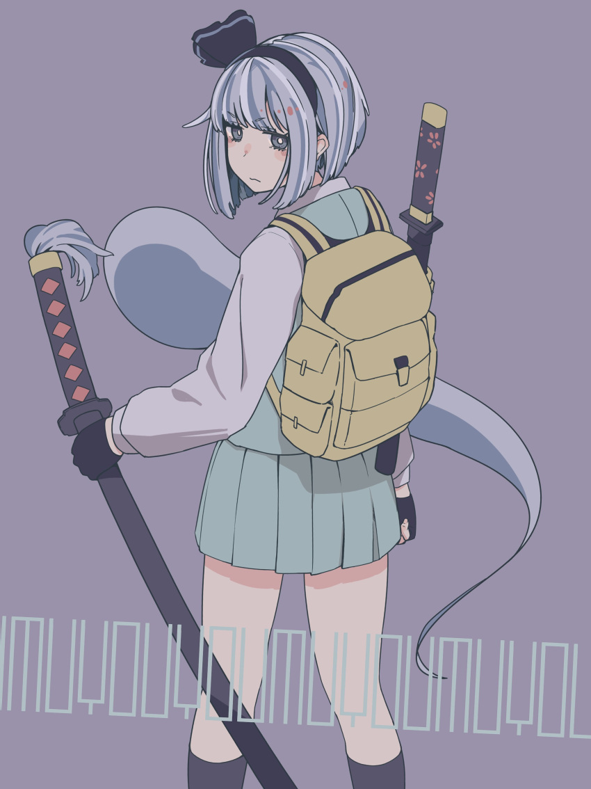 1girl absurdres ai_ken backpack bag black_hairband bow fingerless_gloves gloves green_skirt green_vest grey_eyes hairband highres hitodama holding holding_sword holding_weapon katana konpaku_youmu looking_at_viewer shirt short_hair silver_hair simple_background skirt solo standing sword touhou vest wakizashi weapon white_shirt yellow_backpack