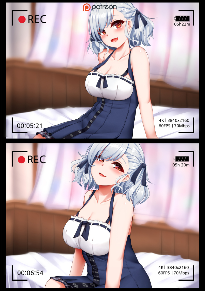 1girl arm_support bangs bare_shoulders bed blush breasts collarbone curtains dress eyebrows_visible_through_hair girls_frontline highres indoors large_breasts looking_at_viewer mapar multiple_views on_bed open_mouth parted_lips recording red_eyes ribbon-trimmed_clothes ribbon_trim short_hair silver_hair sitting smile spas-12_(girls_frontline) swept_bangs