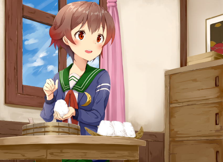 1girl ame. blue_jacket blue_sky brown_hair clouds commentary_request crescent crescent_moon_pin curtains drawer food gradient_hair green_sailor_collar jacket kantai_collection looking_to_the_side multicolored_hair mutsuki_(kantai_collection) neckerchief ohitsu onigiri red_neckwear redhead remodel_(kantai_collection) rice sailor_collar school_uniform serafuku short_hair sky solo table upper_body window