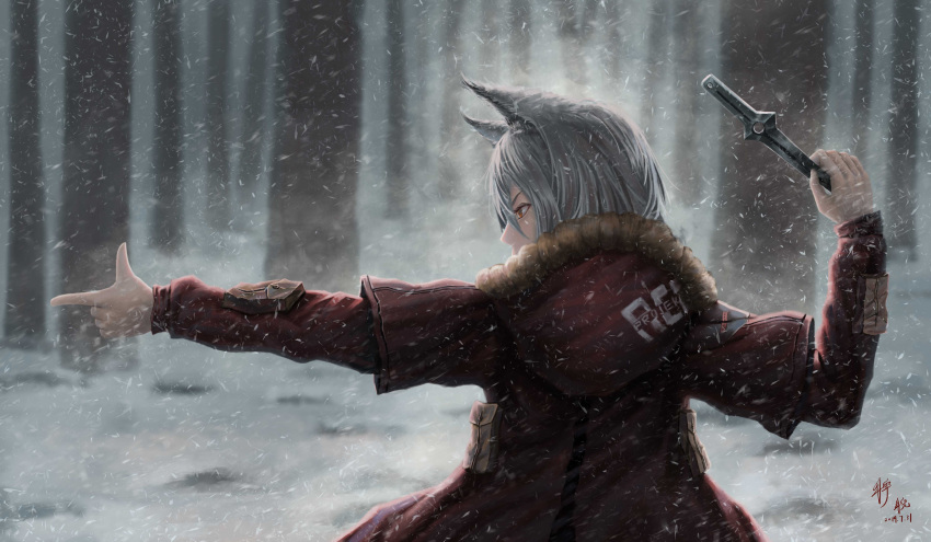 1girl absurdres animal_ears arknights atlook blizzard character_name commentary_request forest fur-trimmed_hood fur_trim grey_hair highres hood hooded_jacket jacket knife nature projekt_red_(arknights) snow snowing solo weapon wolf_ears wolf_girl yellow_eyes