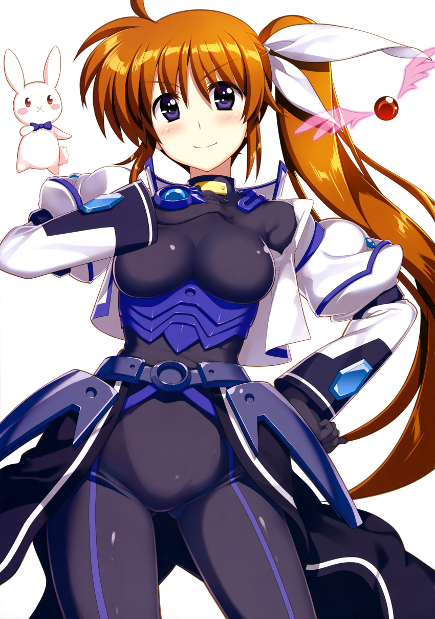 1girl :x absurdres ahoge armor belt black_bodysuit black_cape black_jacket blue_neckwear blush blush_stickers bodysuit bow bowtie breasts cape cosplay cropped_jacket energy_wings eyebrows_visible_through_hair eyes_visible_through_hair fujima_takuya gluteal_fold hair_between_eyes hair_ribbon hand_on_hip hand_on_own_chest highres impossible_bodysuit impossible_clothes jacket juliet_sleeves large_breasts long_hair long_sleeves looking_at_viewer lyrical_nanoha mahou_shoujo_lyrical_nanoha_vivid multicolored multicolored_clothes multicolored_jacket official_art print_bodysuit puffy_sleeves raising_heart red_eyes ribbon sacred_heart scan shiny shiny_clothes side_ponytail simple_background single_stripe smile stuffed_animal stuffed_bunny stuffed_toy takamachi_nanoha violet_eyes vivio vivio_(cosplay) waist_cape white_background white_jacket white_ribbon