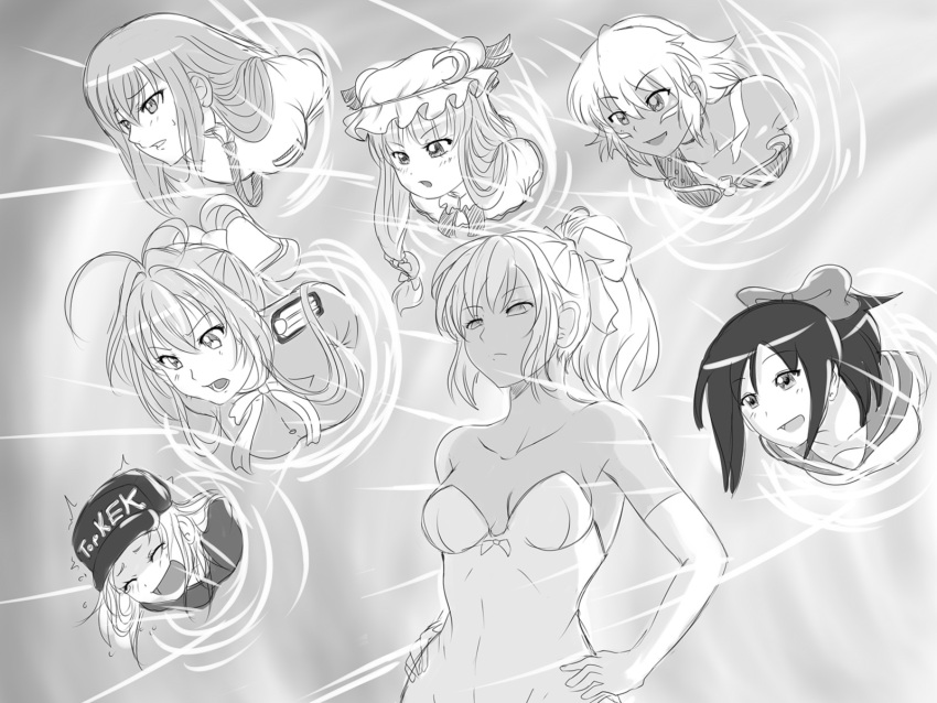 .hack// 6+girls :d amagi_brilliant_park antenna_hair baseball_cap black_rose_(.hack//) blush bow breasts character_request cleavage closed_eyes copyright_request dark_skin elbow_gloves facial_mark fate_(series) gate_of_babylon gloves greyscale hair_bow hair_intakes hands_on_hips hat highres medium_breasts monochrome multiple_girls open_mouth parted_lips patchouli_knowledge ponytail sento_isuzu sidelocks smile sweatdrop touhou viperxtr
