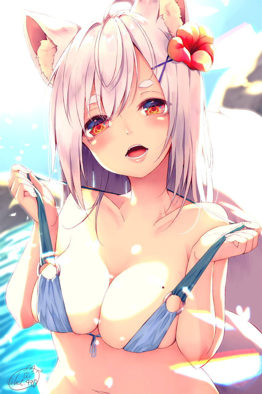1girl animal_ears bangs bikini bikini_pull blue_bikini blush breasts chita_(ketchup) collarbone commentary_request flower fox_ears front-tie_bikini front-tie_top grey_hair hair_flower hair_ornament hands_up highres large_breasts looking_at_viewer mole mole_on_breast navel o-ring o-ring_top open_mouth original outdoors red_eyes red_flower signature skindentation solo strap_pull swimsuit thick_eyebrows upper_body water x_hair_ornament