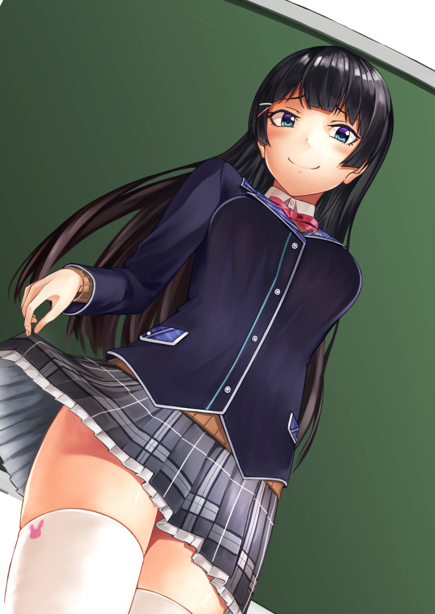 1girl bangs black_hair breasts commentary_request copyright_request highres lifted_by_self long_hair looking_at_viewer multicolored multicolored_eyes plaid plaid_skirt skirt skirt_lift solo tsuhiki_koyomi white_legwear