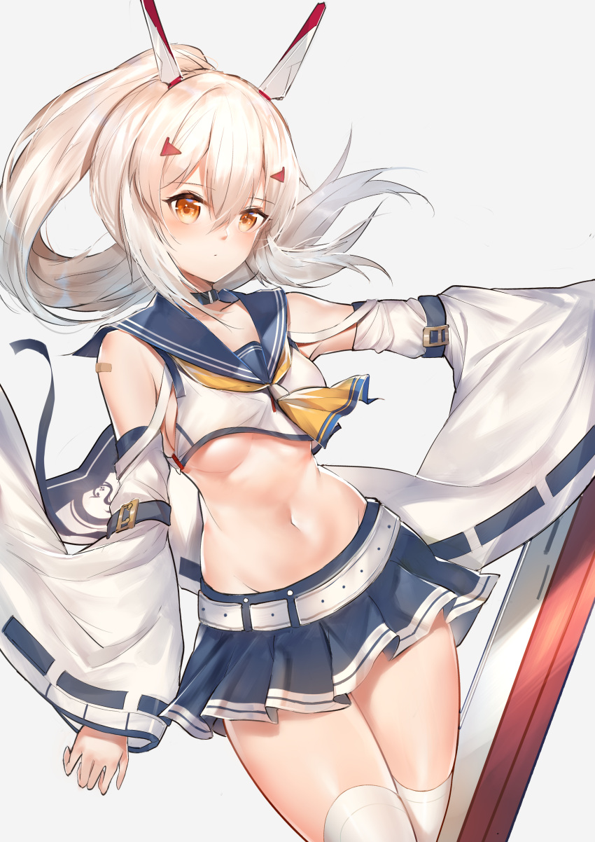 1girl absurdres arm_at_side ascot ayanami_(azur_lane) azur_lane bandaid_on_arm bangs bare_shoulders blue_choker blue_sailor_collar blue_skirt blush breasts choker closed_mouth collarbone crop_top detached_sleeves dutch_angle expressionless eyebrows_visible_through_hair floating_hair gradient gradient_background grey_background groin hair_between_eyes head_tilt headgear high_ponytail highres horz legs_together long_hair long_sleeves looking_at_viewer midriff miniskirt navel orange_eyes outstretched_arm pleated_skirt ponytail remodel_(azur_lane) ribbon-trimmed_sleeves ribbon_trim sailor_collar school_uniform serafuku shiny shiny_skin shirt sidelocks skirt sleeveless sleeveless_shirt small_breasts solo standing stomach thigh-highs thighs under_boob white_background white_belt white_hair white_legwear white_shirt wide_sleeves yellow_neckwear