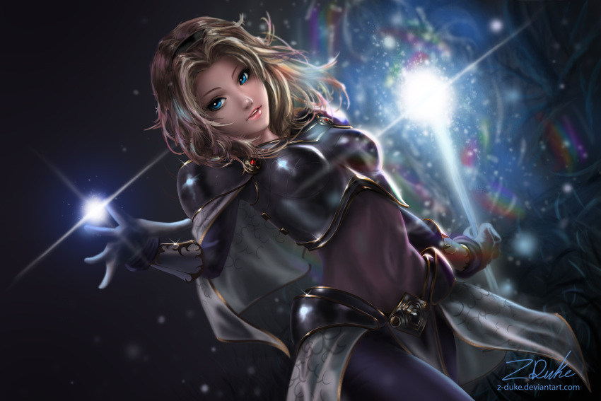 1girl absurdres blonde_hair blue_eyes bodysuit boobplate breastplate covered_navel elbow_gloves gloves hairband highres league_of_legends luxanna_crownguard magic signature wand z-duke