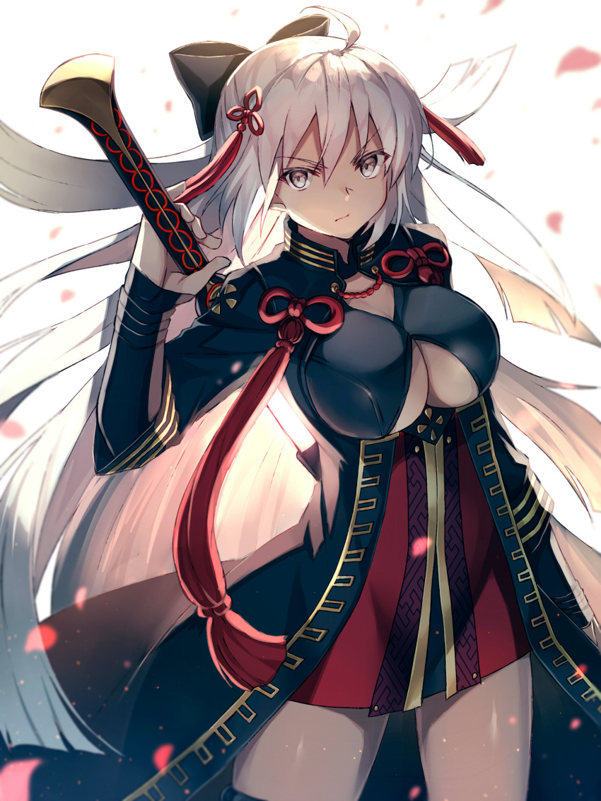 1girl absurdres ahoge akami_fumio arm_guards arm_up bangs black_bow black_coat bow breasts cherry_blossoms cleavage cleavage_cutout closed_mouth cowboy_shot dark_skin dress eyebrows_visible_through_hair fate_(series) floating_hair grey_eyes hair_between_eyes hair_bow hair_ornament half_updo high_collar highres holding holding_sword holding_weapon koha-ace large_breasts legs_apart long_hair long_sleeves looking_at_viewer motion_blur okita_souji_(alter)_(fate) okita_souji_(fate)_(all) petals red_dress scabbard serious sheath short_dress sidelocks silver_hair solo standing straight_hair sword tassel unsheathing very_long_hair weapon white_background
