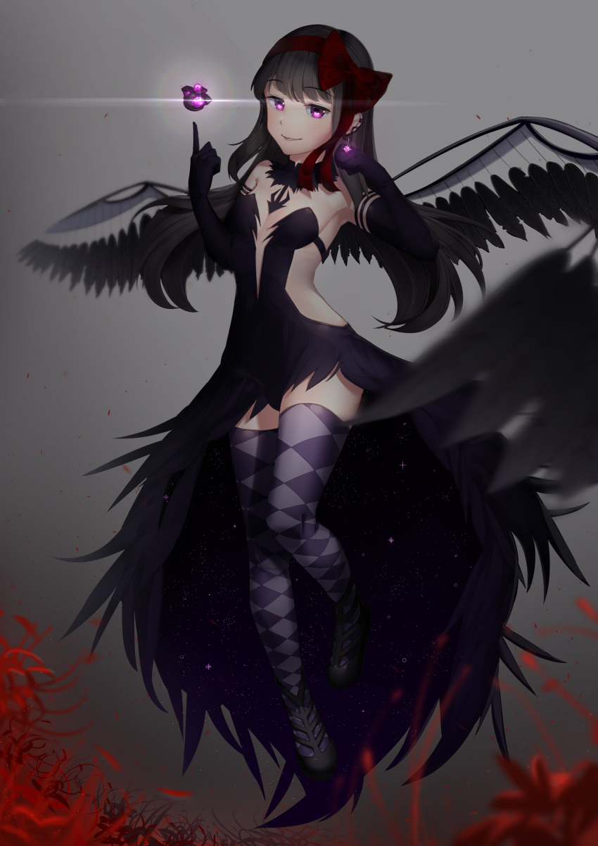 1girl absurdres akemi_homura akuma_homura argyle argyle_legwear bare_shoulders black_dress black_footwear black_gloves black_hair black_wings bow breasts commentary dark_orb_(madoka_magica) detached_collar dress earrings elbow_gloves english_commentary eyebrows_visible_through_hair feathered_wings flower full_body gloves glowing grey_background hair_bow hairband highres jewelry long_hair looking_at_viewer mahou_shoujo_madoka_magica mahou_shoujo_madoka_magica_movie parted_lips red_bow red_hairband sasoura small_breasts smile solo thigh-highs violet_eyes wings