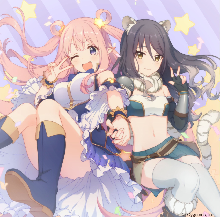 2girls animal_ears black_hair boots hand_holding highres kashiwazaki_hatsune kashiwazaki_shiori long_hair multiple_girls open_mouth pink_hair pointy_ears princess_connect! princess_connect!_re:dive smile star tail thigh-highs v violet_eyes yellow_eyes