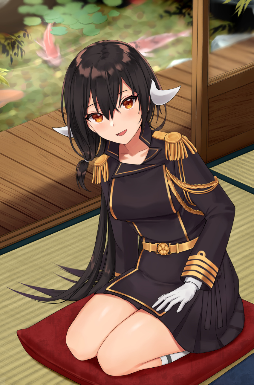 1girl :d aiguillette arm_support azur_lane bangs belt black_hair blush breasts buttons carp collarbone commentary_request double-breasted epaulettes eyebrows_visible_through_hair gloves gold_trim hair_between_eyes hair_tie hand_on_own_thigh head_tilt highres horns indoors kikumon kinokorec kneehighs large_breasts long_hair long_sleeves looking_at_viewer medium_breasts mikasa_(azur_lane) military military_uniform open_mouth seiza shirt sidelocks simple_background sitting skirt sliding_doors smile solo tatami thighs tied_hair uniform veranda white_background white_gloves white_shirt