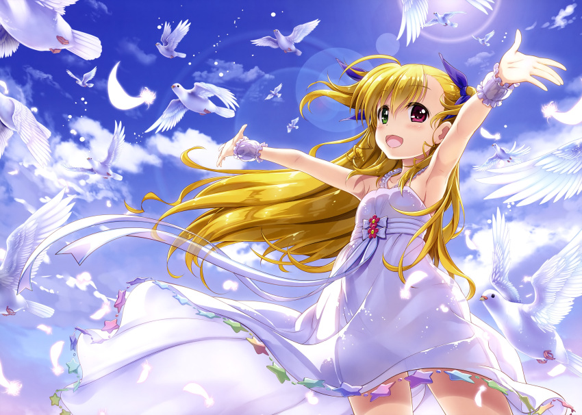1girl absurdres armpits asymmetrical_bangs bangs bird black_eyes blue_ribbon blue_sky clouds cloudy_sky collarbone day dove dress eyebrows_visible_through_hair feathers flat_chest flying frilled_dress frills fujima_takuya green_eyes hair_between_eyes hair_ribbon heterochromia highres lens_flare long_hair lyrical_nanoha mahou_shoujo_lyrical_nanoha_vivid official_art open_hand outdoors outstretched_arms red_eyes ribbon scan scrunchie see-through_silhouette side_ponytail sky sleeveless sleeveless_dress spread_arms standing sundress vivio white_dress white_feathers white_frills white_scrunchie wrist_scrunchie
