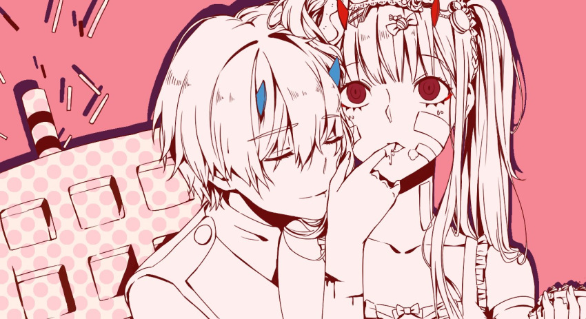 1boy 1girl bandaid bandaid_on_face bangs blue_horns breasts chenaze57 cleavage closed_eyes collarbone commentary_request couple darling_in_the_franxx dress eyebrows_visible_through_hair finger_in_mouth food hair_ornament hetero hiro_(darling_in_the_franxx) holding holding_food horns long_hair long_sleeves military military_uniform monochrome oni_horns pink red_horns short_hair twintails uniform zero_two_(darling_in_the_franxx)