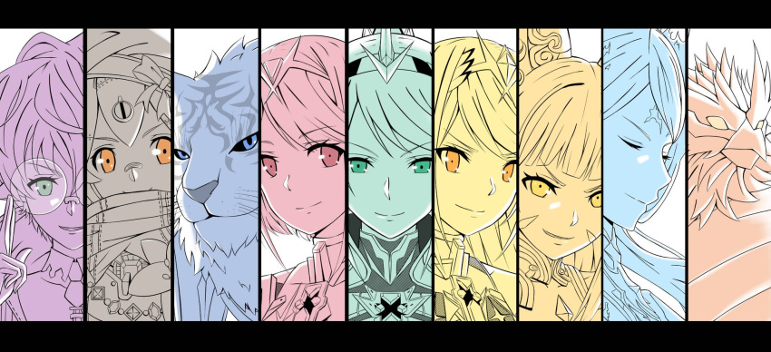 6+girls android animal animal_ears armor bangs blue_eyes blush byakko_(xenoblade) cat_ears closed_eyes covered_navel dress earrings fire glasses green_eyes hana_(xenoblade) hat highres jewelry kagutsuchi_(xenoblade) long_hair looking_at_viewer mebi_(mebieru) monochrome multiple_girls mythra_(xenoblade) niyah orange_eyes pneuma_(xenoblade) ponytail pyra_(xenoblade) robot saika_(xenoblade) short_hair simple_background smile spoilers swept_bangs tiger twintails xenoblade_(series) xenoblade_2 yellow_eyes