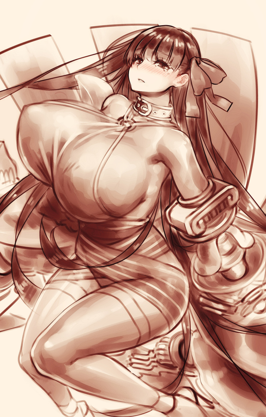 1girl bangs bare_shoulders belt_collar blush boots breasts claws fate/extra fate/extra_ccc fate_(series) hair_ribbon hayama_kazusa high_heels highres hips huge_breasts long_hair looking_at_viewer monochrome o-ring o-ring_top parted_lips passion_lip ribbon sash sideboob thigh-highs thigh_boots thighs very_long_hair