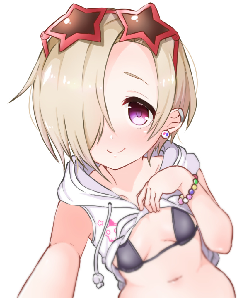 1girl bikini_top black_bikini_top blonde_hair blurry blush bracelet breasts breasts_apart closed_mouth commentary_request depth_of_field drawstring earrings eyewear_on_head hair_over_one_eye highres hood hoodie hoodie_lift idolmaster idolmaster_cinderella_girls jewelry lifted_by_self looking_at_viewer nako_mameta navel nose_blush outstretched_arm pearl_bracelet reaching_out red-framed_eyewear self_shot shiny shiny_hair shirasaka_koume short_hair sleeveless sleeveless_hoodie small_breasts smile solo star-shaped_eyewear stomach sunglasses tareme violet_eyes