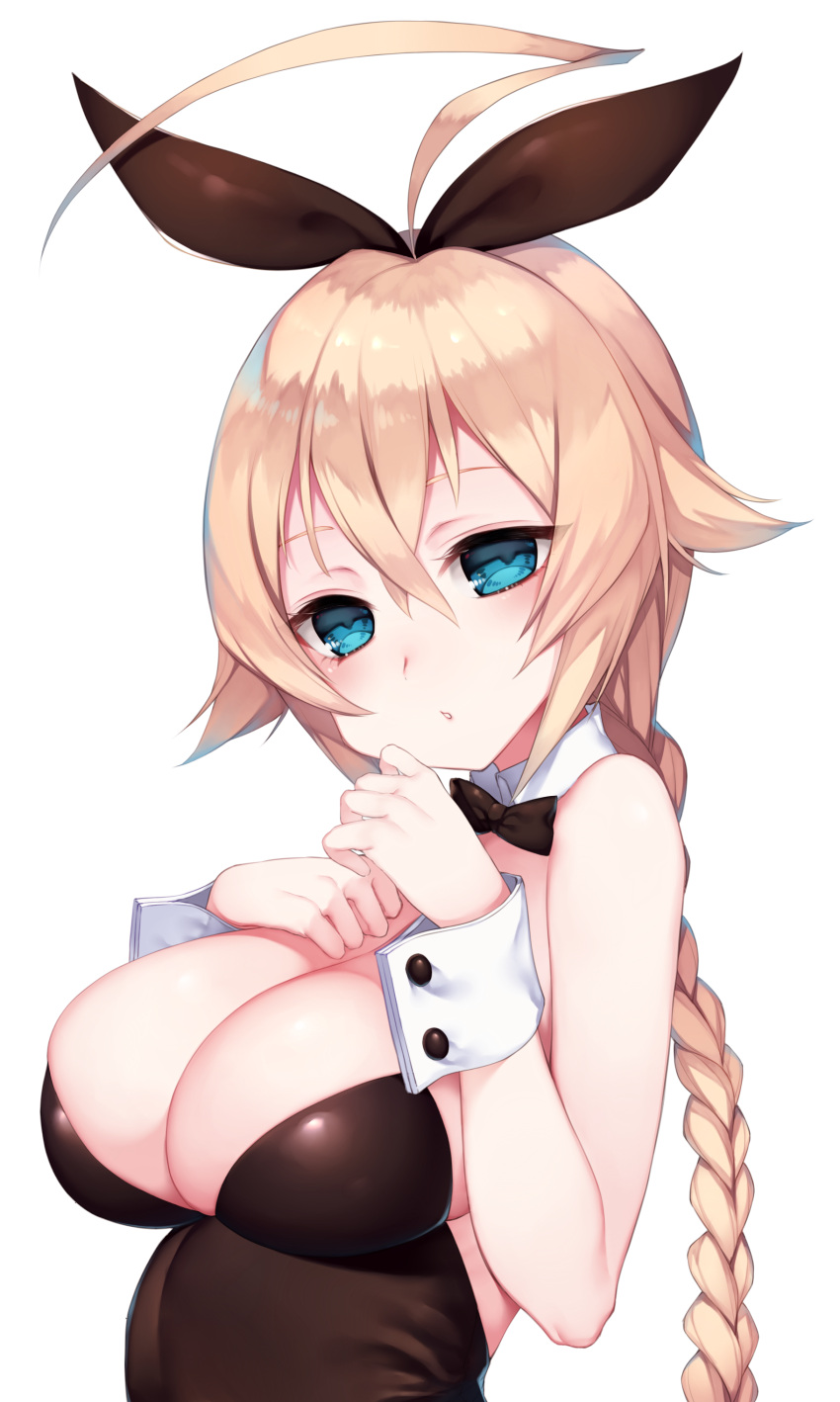 1girl absurdres ahoge animal_ears bare_shoulders blazblue blonde_hair blue_eyes braid breasts bunnysuit cleavage es_(xblaze) hand_on_own_chest highres himegi_you large_breasts looking_at_viewer necktie rabbit_ears simple_background single_braid solo white_background wrist_cuffs xblaze xblaze_code:_embryo