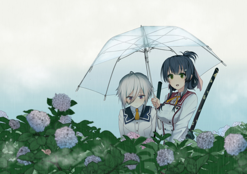 2girls 80mph ahoge black_hair blush flower fog folded_ponytail green_eyes hair_ornament hair_ribbon hairclip hydrangea itomi_sayaka katana leaf minoseki_gakuin_uniform multiple_girls rain ribbon short_hair snail sword tied_hair toji_no_miko umbrella violet_eyes weapon white_hair yanase_mai yuri