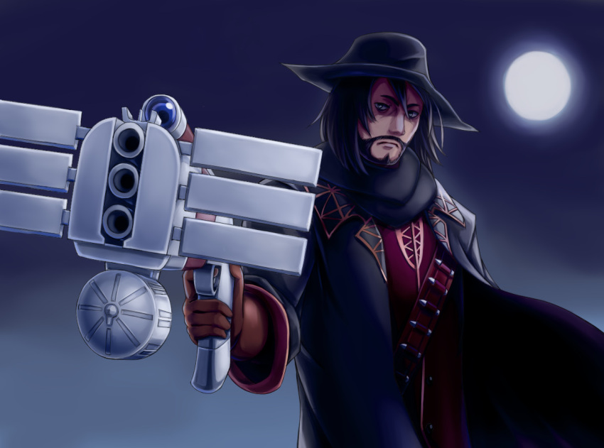 1boy ammunition_belt black_hair black_hat black_jacket black_scarf bow_(weapon) brown_gloves cozyluk crossbow facial_hair full_moon gloves goatee gradient_sky grey_eyes grey_sky hat holding holding_weapon jacket looking_at_viewer male_focus moon mustache night night_sky scarf sennen_sensou_aigis shell_casing sky solo standing vincent_(sennen_sensou_aigis) weapon