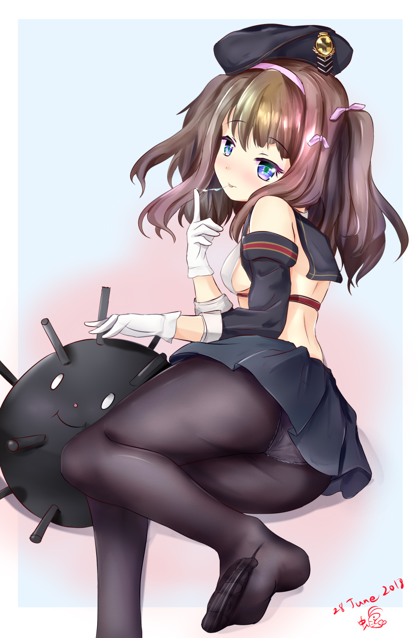 1girl absurdres arm_warmers azur_lane beret black_legwear breasts brown_hair collar dated explosive gloves hat highres iron_cross looking_at_viewer mine_(weapon) mr_lobster multicolored multicolored_background naval_mine navel panties panties_under_pantyhose pantyhose sailor_collar saliva saliva_trail sideboob signature sitting small_breasts smile solo twintails underwear violet_eyes white_gloves white_panties z35_(azur_lane)
