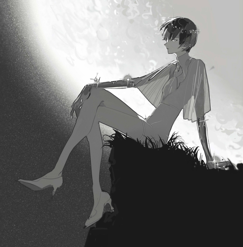 androgynous artist_request bangs blunt_bangs greyscale high_heels highres houseki_no_kuni looking_at_viewer monochrome moon phosphophyllite phosphophyllite_(ll) see-through short_hair sitting solo sparkle spoilers stiletto_heels