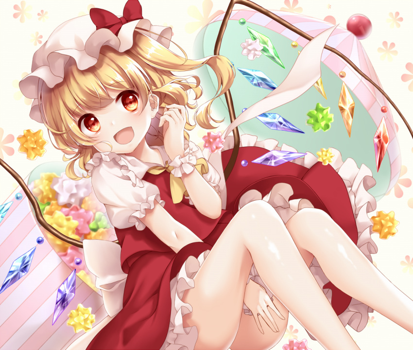 1girl :d arm_up bangs bare_legs between_legs blonde_hair bow candy container cravat cropped_legs crystal eyebrows_visible_through_hair feet_out_of_frame flandre_scarlet food hair_blowing hand_between_legs hat hat_bow knees_up konpeitou looking_at_viewer mob_cap mumu-crown open_mouth petticoat puffy_short_sleeves puffy_sleeves red_eyes red_skirt red_vest shiny shiny_hair shiny_skin shirt short_hair short_sleeves side_ponytail sitting skirt skirt_set smile solo swept_bangs touhou vest white_background white_shirt wings wrist_cuffs yellow_neckwear