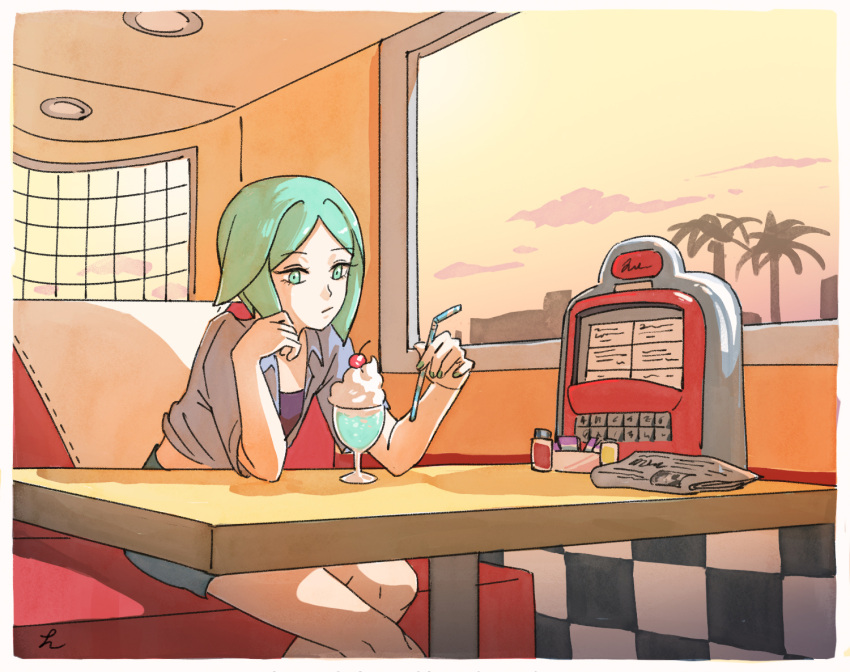 1other alternate_costume androgynous booth cherry contemporary couch diner drinking_straw food fruit green_eyes green_hair houseki_no_kuni indoors milkshake mydeerwitch phosphophyllite short_hair sitting solo table window