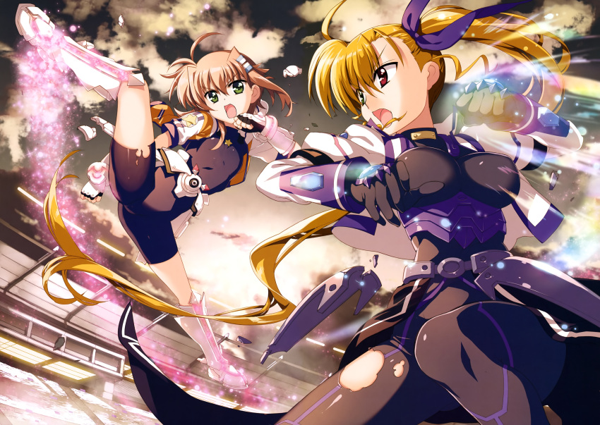2girls absurdres ahoge armor asymmetrical_hair black_bodysuit black_cape black_gloves blonde_hair blue_hairclip blue_ribbon bodysuit boots breasts cape clouds cloudy_sky dusk energy eyebrows_visible_through_hair eyes_visible_through_hair fingerless_gloves flat_chest fujima_takuya gauntlets gloves gluteal_fold green_eyes hair_between_eyes hair_ornament hair_ribbon hairclip heterochromia highres impossible_bodysuit impossible_clothes jacket juliet_sleeves jumping knee_boots large_breasts light_brown_hair light_particles long_sleeves looking_at_another lyrical_nanoha mahou_shoujo_lyrical_nanoha_vivid miura_rinaldi multicolored_hairclip multiple_girls official_art open_mouth orange_jacket print_bodysuit print_jacket puffy_sleeves red_eyes ribbon scan side_ponytail skindentation sky squatting stadium star star_print star_saber tongue torn_bodysuit torn_clothes vivio waist_cape white_footwear white_hairclip white_jacket white_sleeves