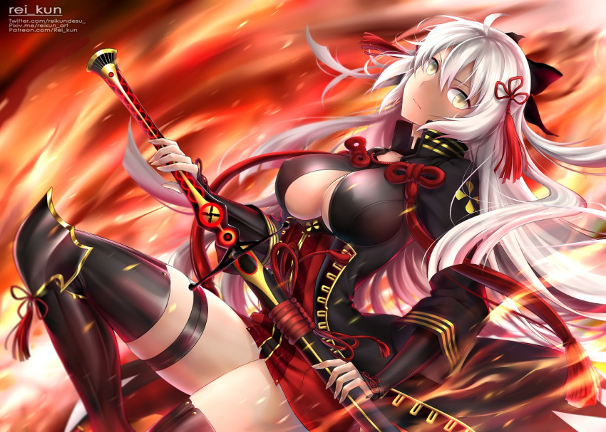 1girl arm_guards artist_name black_bow black_coat black_legwear bow breasts center_opening cleavage dark_skin erect_nipples fate/grand_order fate_(series) fire hair_between_eyes head_tilt high-waist_skirt high_collar holding holding_sword holding_weapon katana koha-ace large_breasts long_hair looking_at_viewer okita_souji_(alter)_(fate) okita_souji_(fate)_(all) red_skirt rei_kun skirt solo sword tassel thigh-highs thigh_strap tied_hair very_long_hair watermark weapon web_address white_hair yellow_eyes