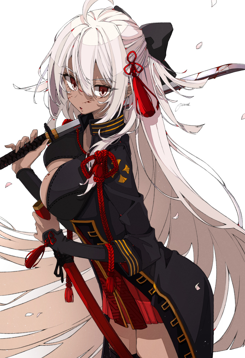 1girl :o absurdres ahoge arm_guards bangs blood blood_on_breasts blood_on_face bow breasts center_opening cleavage dark_skin eyebrows_visible_through_hair eyelashes fate/grand_order fate_(series) hair_between_eyes hair_bow hair_ornament highres katana large_breasts leaning_forward long_hair okita_souji_(alter)_(fate) okita_souji_(fate)_(all) osanai over_shoulder petals red_eyes scabbard sheath simple_background solo sword tassel very_long_hair weapon weapon_over_shoulder white_background white_hair