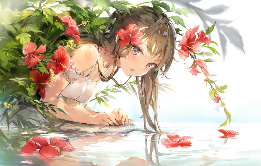 1girl anmi bangs bare_shoulders blush breasts brown_hair collarbone commentary_request dress erect_nipples flower flower_on_water hair_between_eyes hair_flower hair_ornament hands_together hibiscus leaf leaning_forward long_hair looking_at_viewer medium_breasts one_side_up open_mouth original plant reflection sidelocks sleeveless sleeveless_dress solo violet_eyes water water_drop white_dress