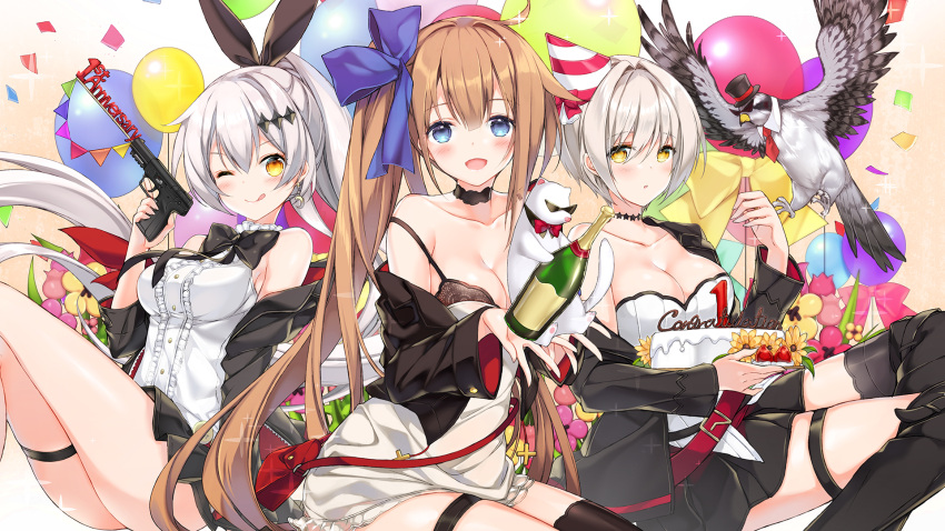 3girls :d :o ;q ahoge alcohol animal anniversary ass ballista_(girls_frontline) balloon bangs bare_arms bare_shoulders belt bird black_bra black_jacket blonde_hair blouse blue_bow blue_eyes blush bottle bow bra breasts brown_eyes cake choker cleavage closed_mouth collarbone confetti dress eyebrows_visible_through_hair fal_(girls_frontline) ferret five-seven_(girls_frontline) five-seven_(gun) food girls_frontline gun hair_between_eyes hair_ornament hair_ribbon half-closed_eyes handgun hat highres holding holding_animal holding_bottle holding_cake jacket jewelry juna large_breasts lingerie long_hair long_sleeves looking_at_viewer microskirt multiple_girls off_shoulder one_eye_closed open_mouth party_hat pleated_skirt ponytail pouch ribbon short_hair side_ponytail sidelocks silver_hair single_thighhigh sitting skindentation skirt sleeveless_blouse smile sparkle sunglasses thigh-highs thigh_strap thighs tongue tongue_out trigger_discipline underwear very_long_hair weapon white_dress yellow_eyes