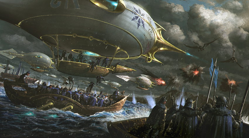 aircraft airship ambiguous_gender battle battle_standard boat clouds cloudy_sky commentary_request day dragon dutch_angle explosion fantasy flag flak holding holding_spear holding_weapon multiple_others noba ocean outdoors pixiv_fantasia pixiv_fantasia_last_saga polearm sky spear water watercraft weapon wide_shot