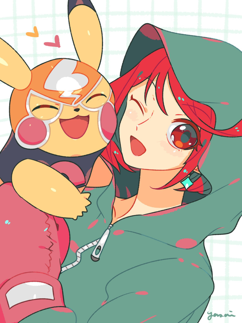 1girl bangs earrings gen_1_pokemon gloves highres pyra_(xenoblade) hood jewelry looking_at_viewer open_mouth pikachu pikachu_libre pokemon pokemon_(creature) pokken_tournament red_eyes redhead short_hair simple_background smile super_smash_bros. swept_bangs tiara xenoblade_(series) xenoblade_2 yasaikakiage