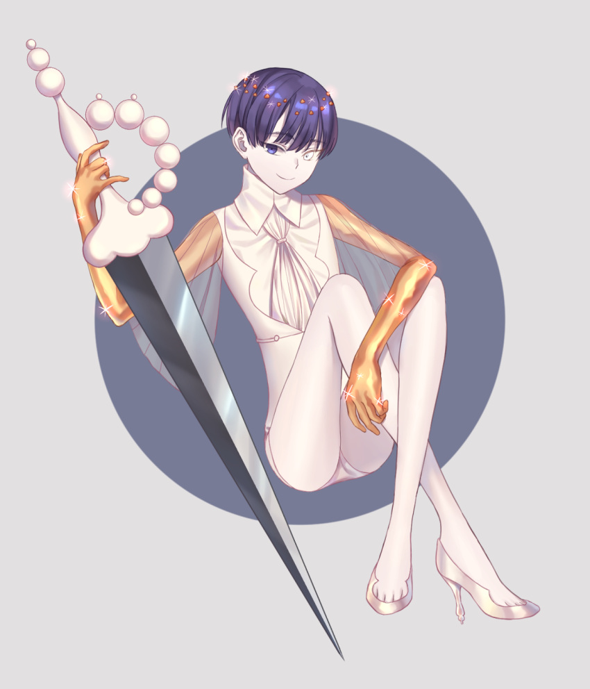 1other androgynous artist_request blue_eyes blue_hair golden_arms grey_background heterochromia high_heels highres houseki_no_kuni knees_to_chest looking_at_viewer necktie phosphophyllite phosphophyllite_(ll) see-through short_hair sitting smile solo sparkle spoilers sword weapon white_eyes