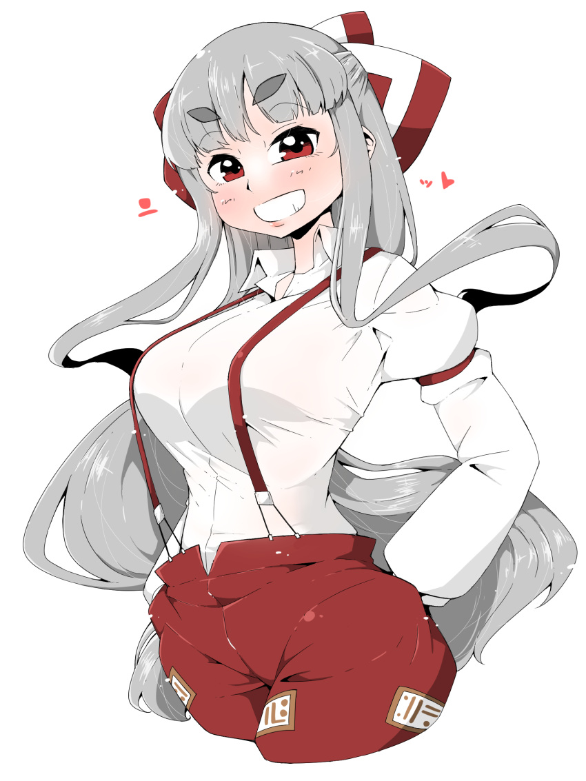 1girl absurdres bangs bow breasts collared_shirt cropped_legs eyebrows_visible_through_hair fujiwara_no_mokou grin hair_bow hands_in_pockets heart highres long_hair long_sleeves looking_at_viewer ofuda ofuda_on_clothes pants pocket red_eyes red_pants shirt sidelocks silver_hair simple_background smile solo standing suspenders takeu thick_eyebrows touhou upper_body very_long_hair white_background white_shirt wing_collar